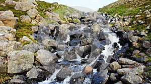 Snow melt flowing water down a Mountain