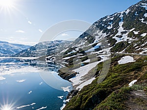 Snow melting by mountain lake