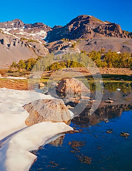 Snow melts around Koenig Lake in the Sierra Nevada mountains, CA