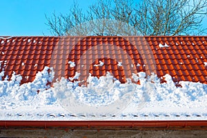 Snow melts from the roof of the house on a spring day. Danger of avalanches from roofs. Snow removal