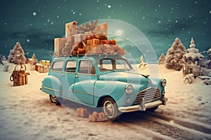 snow merry candy winter car christmas gift holiday festive retro. Generative AI.