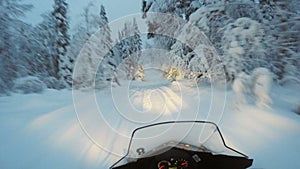 Snow mobile speeding through snowy forest