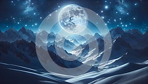 Snow Moon over Mountain Range Expanse