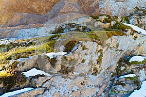 The snow and moss on the ledges of granite rocks