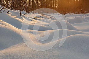 Snow mounds. Erotic snow dunes in the Ukrainian snowy woods evening with soft warm light of sunset Klevan Ukraine.