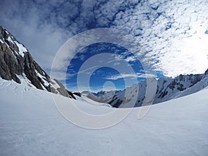 Snow/mountain background for mountain lovers. Contrast of white snow and blue sky on the Tasman Glacier at Aoraki/Mount Cook Natio