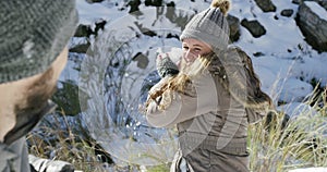 Snow, mountain or happy couple playing a game with freedom or adventure on holiday vacation. Man, woman or excited