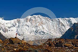 Snow Mountain Landscape in Himalaya and climber graves in Annapurna Base Camp.