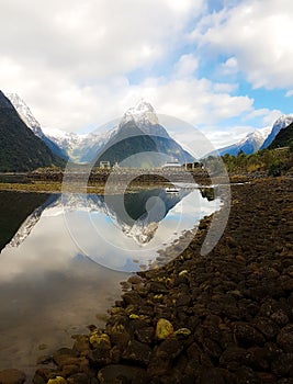 Snow Mountain overlooking the mountain`s reflection on the water