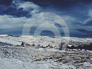 Snow mountain panorama and blue sky