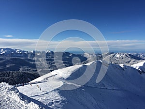 Snow mountain panorama and blue sky