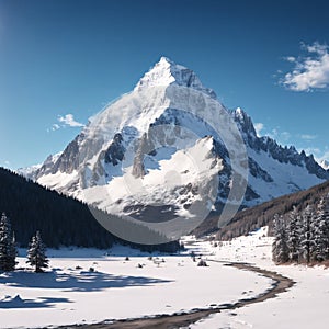 The snow mountain peaks are on a snowy landscape.