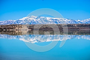 Snow on a mountain range reflecting in water