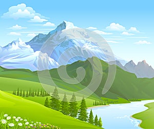 SNOW MOUNTAIN AND RIVER FLOWING IN A VALLEY photo