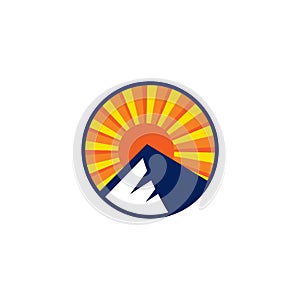 Snow mountain with sunrise rounded style logo symbol vector template