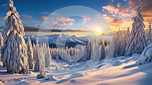 Snow mountain and sunset sky background. Season and environment concept. Generative ai