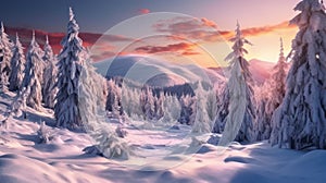 Snow mountain and sunset sky background. Season and environment concept. Generative ai