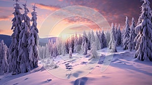 Snow mountain and sunset sky background. Season and environment concept. Generative ai