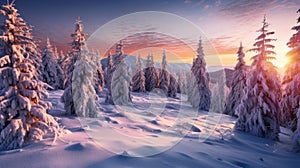 Snow mountain and sunset sky background. Season and environment concept. Generative ai