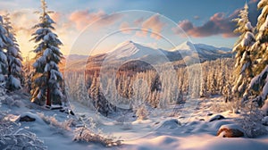 Snow mountain and sunset sky background. Season and environment concept. Generative ai