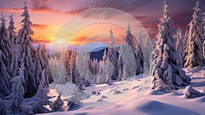 Snow mountain and sunset sky background. Season and environment concept. Generative ai