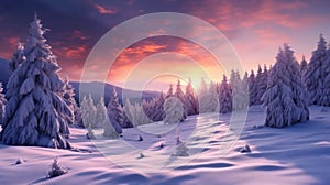 Snow mountain and sunset sky background. Season and environment concept. Generative ai