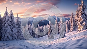 Snow mountain and sunset sky background. Season and environment concept. Generative ai