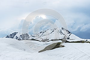 Snow mountain in Tateyama Kurobe Alpine Route in Toyama, Japan at dusk