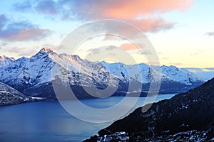 Snow mountains and lake in Queenstown, New Zealand