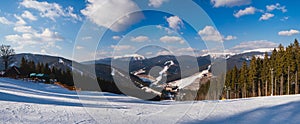 Snow mountains landscape with blue sky in spring sunny day