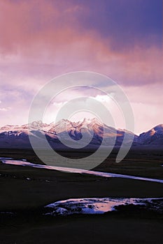 Snow mountains and a river in Tibet