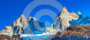 Snow mountains and rocks near Chamonix, French Alps