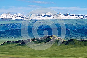 The snow mountains in summer Bayanbulak grassland scenic spot