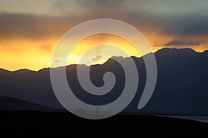 Snow mountains at sunset