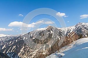 The snow mountains view of Tateyama Kurobe alpine with blue sky background