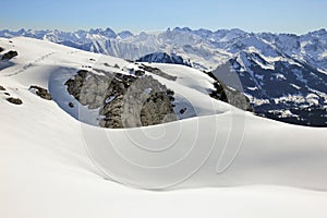 Snow mountains winter landscape on sunny day. Ifen, Bavaria.