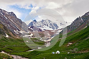 The snow mountains and yurts in the Nalati grassland