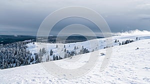 The snow on the mountaintop of the Black Forest scattered by the fierce wind. Freiburg in Germany in winter