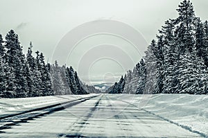 Snow packed road at Island park Idaho photo