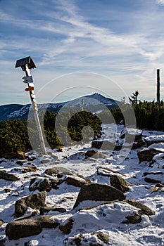 Snow Path to Snezka and Tourist Signpost-Krkonose