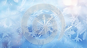 Snow pattern on glass. Winter frost. Ice crystals or cold winter background