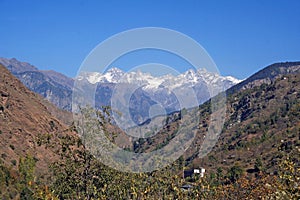 SNow peaked scenic in Indian himalayan Mountains photo