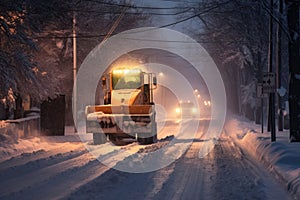 a snow plow clearing an icy road during a snowstorm