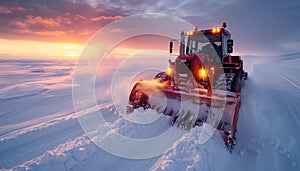 Snow plow clearing snowy road at sunset under cloudy sky