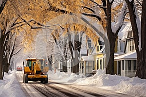 snow plow clearing a snowy street lined with trees