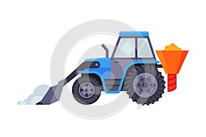 Snow Plow Tractor, Winter Snow Removal Machine, Cleaning Road Vehicle Vector Illustration