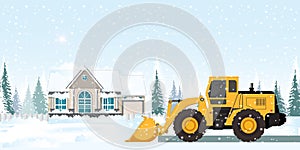 Snow plow truck cleaning area streets winter snow