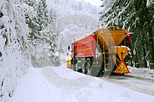 Snow plow truck in winter