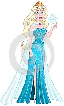 Snow Princess In Blue Dress Holds Snowflake