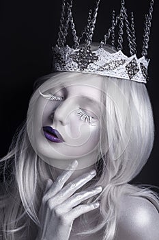 Snow Queen, creative closeup portrait. Young woman in creative image with silver artistic make-up. Winter Portrait.